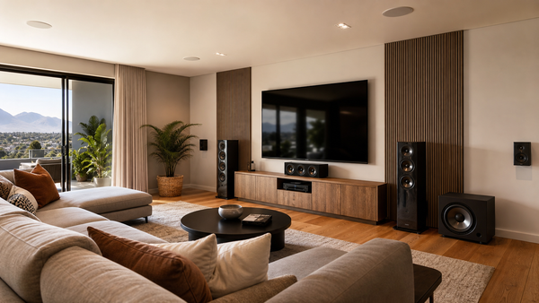 VisionSounds high-end living room sound system with home cinema speakers and TV