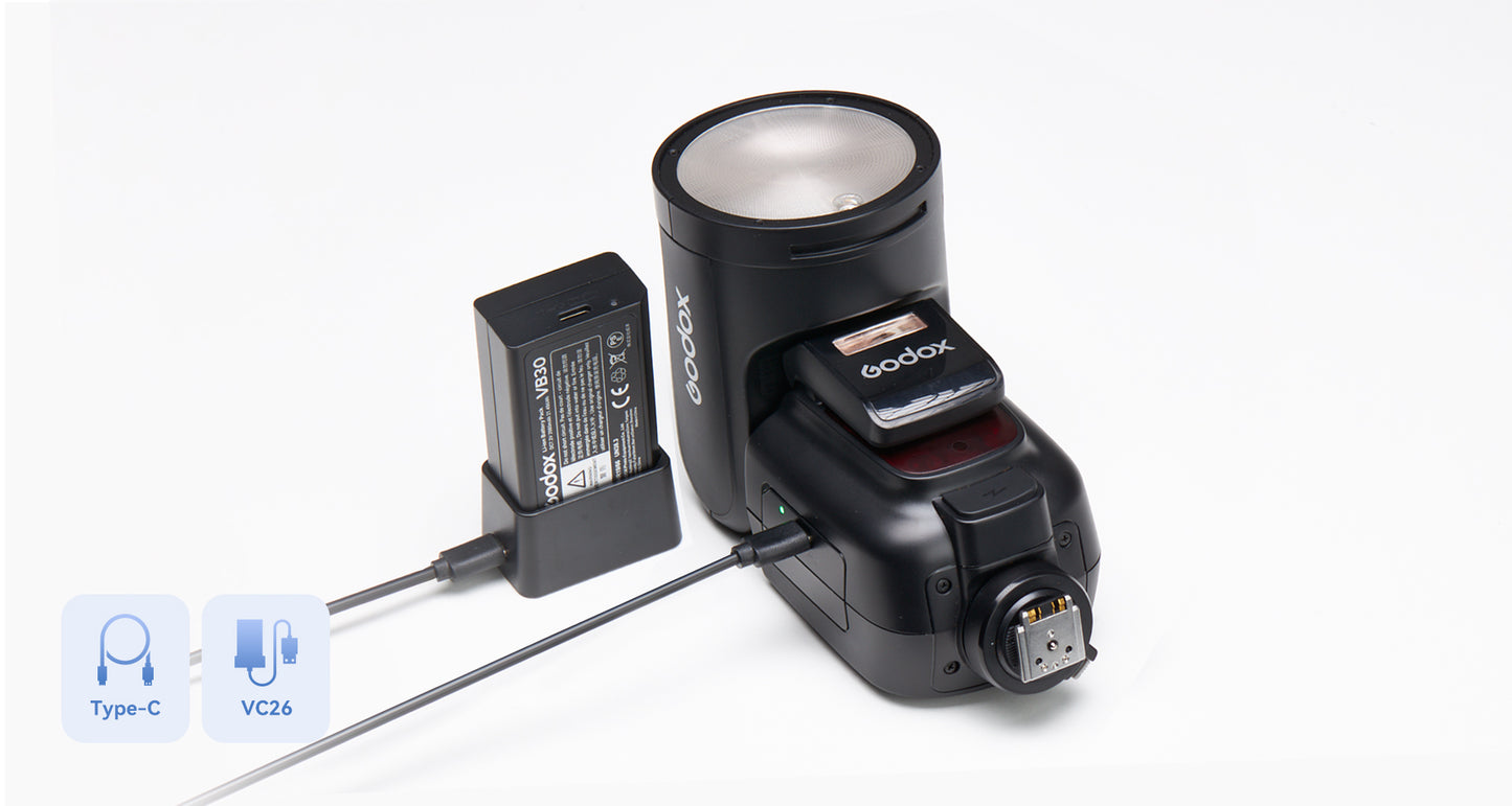 Godox V1 Pro USB-C charging and VC26 charger options