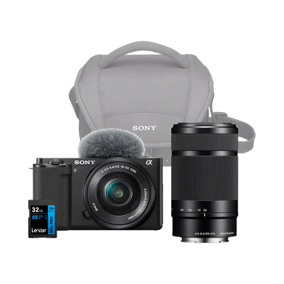 Sony ZV-E10 Mirrorless Camera with 16-50mm and 55-210mm Lens + Sony Shoulder Bag and 32GB SD Card (Black)