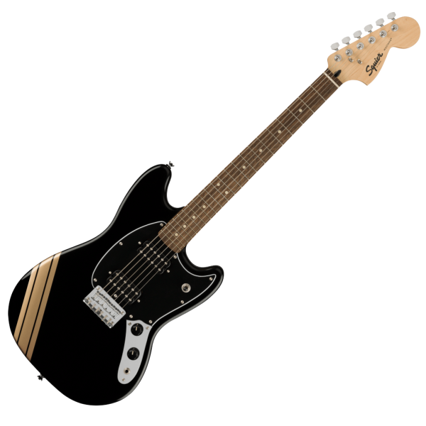Fender Squier FSR Bullet Mustang HH Electric Guitar - Black w/ Gold Competition Stripes detail image 7