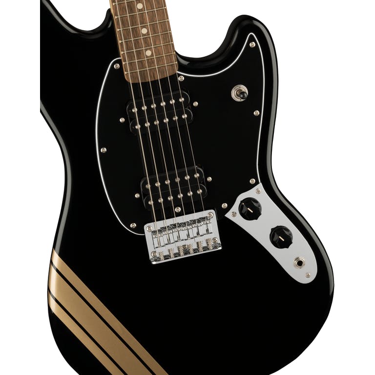 Fender Squier FSR Bullet Mustang HH Electric Guitar - Black w/ Gold Competition Stripes detail image 3