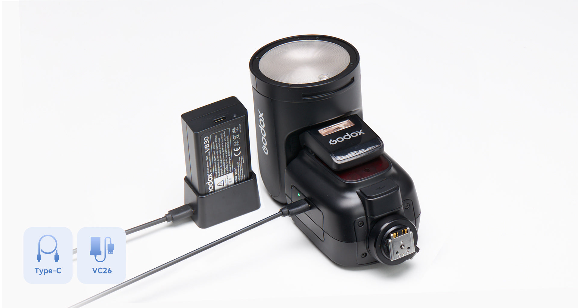 Godox V1 Pro USB-C charging and VC26 charger options