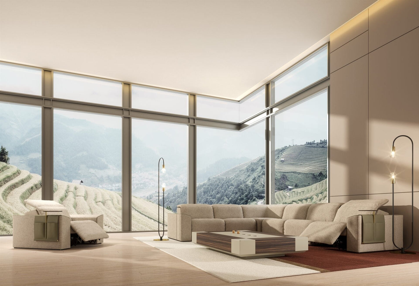 Vismara Kubrik reclining sofa — reclined position showing independent footrest