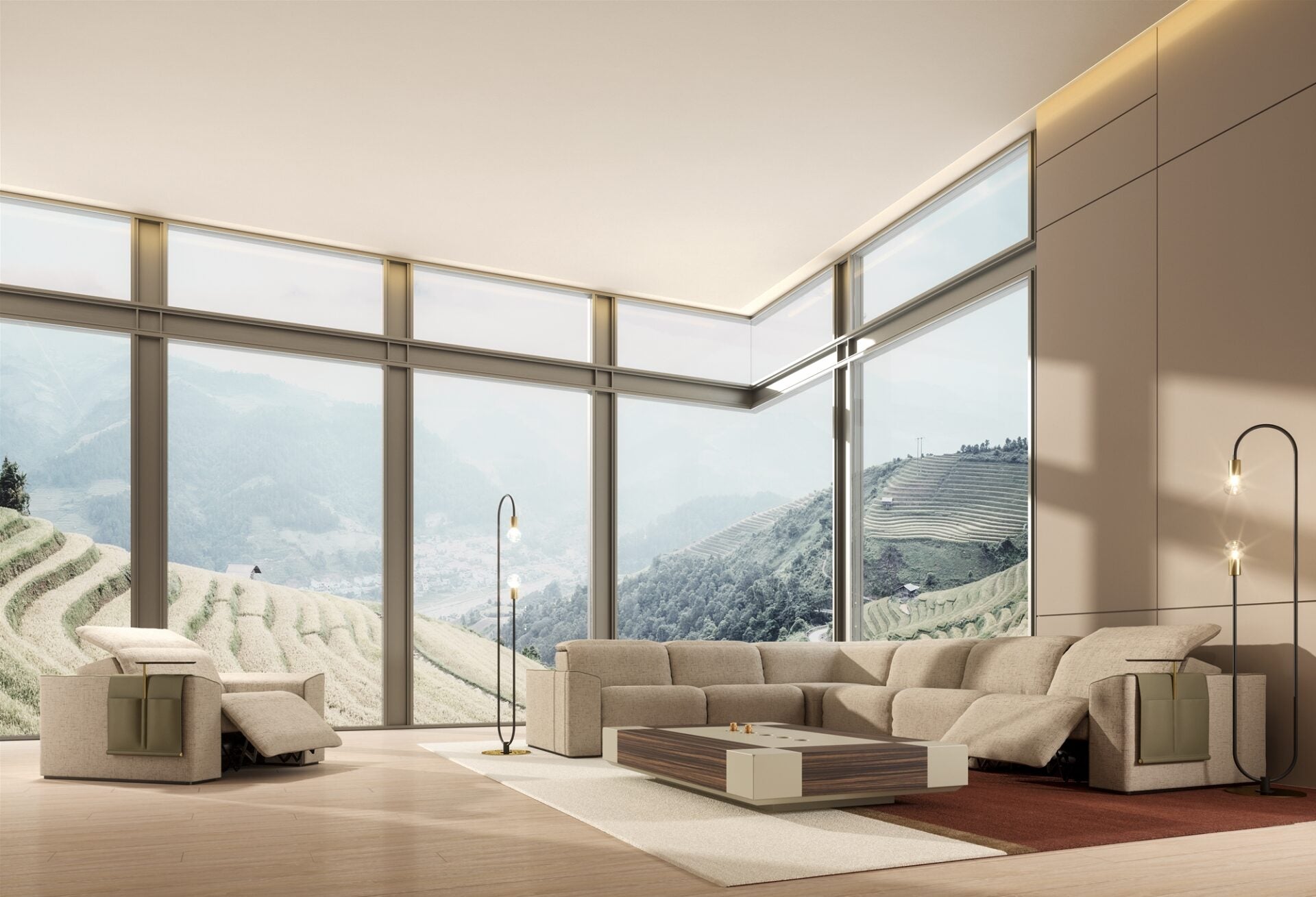 Vismara Kubrik reclining sofa — reclined position showing independent footrest