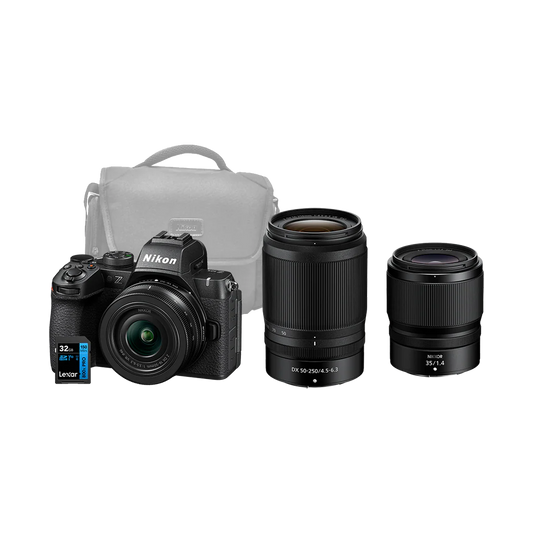 Nikon Z50 II Mirrorless Digital Camera with 16-50 + 50-250 and 35mm Lenses + Bag and Card
