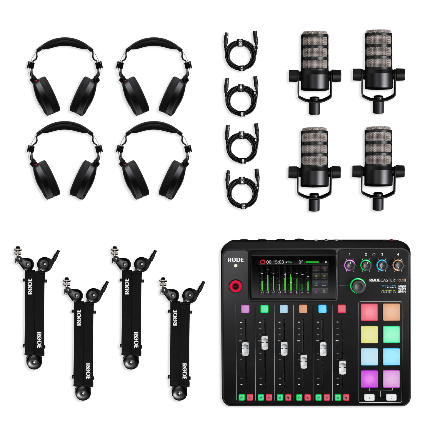 Professional podcast equipment bundle with RODECaster Pro II and four podcast microphones