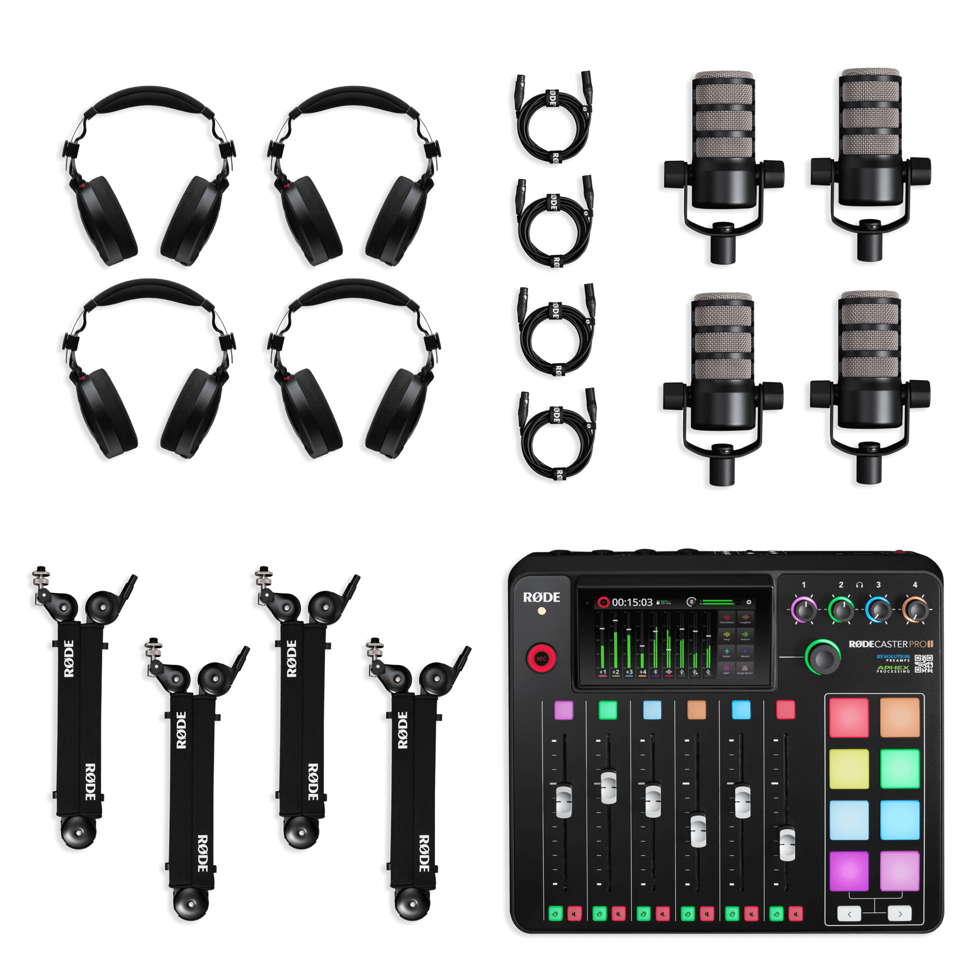 Professional podcast equipment bundle with RODECaster Pro II and four podcast microphones