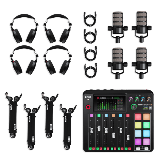 Professional podcast equipment bundle with RODECaster Pro II and four podcast microphones