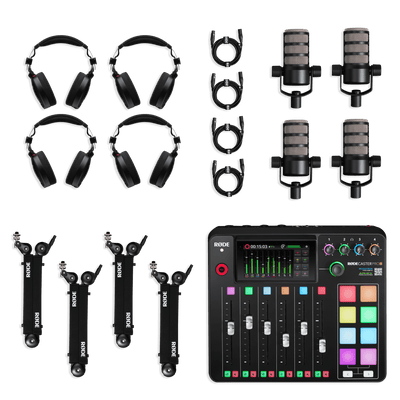 Professional podcast equipment bundle with RODECaster Pro II and four podcast microphones
