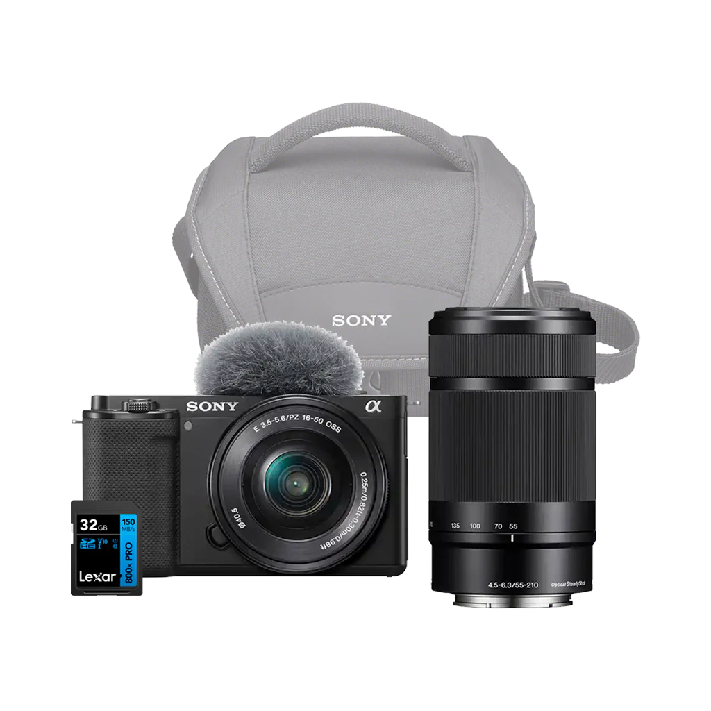 Sony ZV-E10 Mirrorless Camera with 16-50mm and 55-210mm Lens + Sony Shoulder Bag and 32GB SD Card (Black)